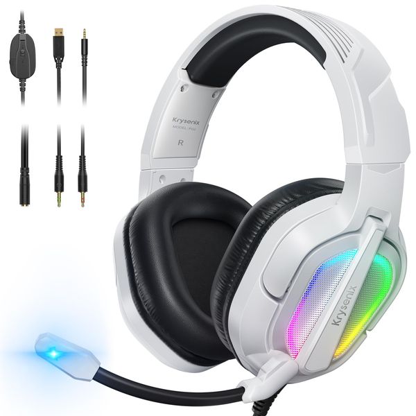 Krysenix PG2 RGB Gaming Headset for PS4/PC/Nintendo Switch/Xbox, PS5 Headset with Mic, Gaming Headphones with Microphone, Ergonomic Design Over Ear with 3.5mm Jack White