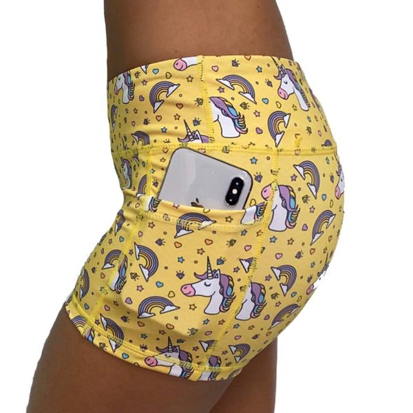 Epic MMA Gear 3" Stretchy Active Fitness Yoga Running Exercise Workout Shorts Side Pockets (S, Yellow Unicorn)