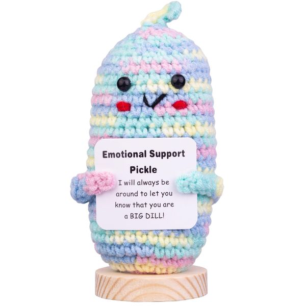 CoFuBcad Handmade Emotional Support Pickle Cucumber Gift, Cute Knitted Cucumber Doll with Front Card and Wooden Base.Birthday Gift Car Decoration Room Office Decoration(A16)