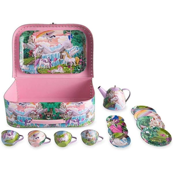 HearthSong 15-Piece Fantasy-Themed Pretend-Play Tin Tea Set, Includes Teapot,...