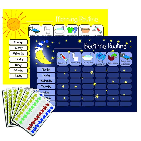 kids2learn Children's Morning & Bedtime Routine Reward Charts (Twin Pack) & 270 Stickers for boys girls Daily Routine Visual Aid - Dark Blue & Yellow