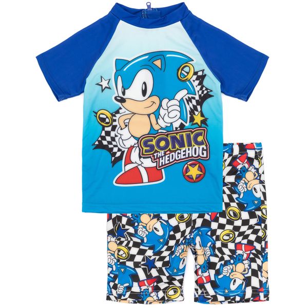 Sonic The Hedgehog Boys Swimsuit Set in Blue | 2 Piece T-Shirt & Swim Shorts for Kids | Racing Checkers Swimming Costume for Gamers | Gaming Cartoon Swimwear Merchandise Gift for Children