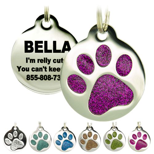 Engraved Pet Tag for Dogs & Cats - Personalized with 4 Lines of Custom Engraved ID, Round Paw Print Stainless Steel Enameled in 6 colors: Ocean Blue, Aquamarine, Deep Pink, Magenta, Pale Green, Amber