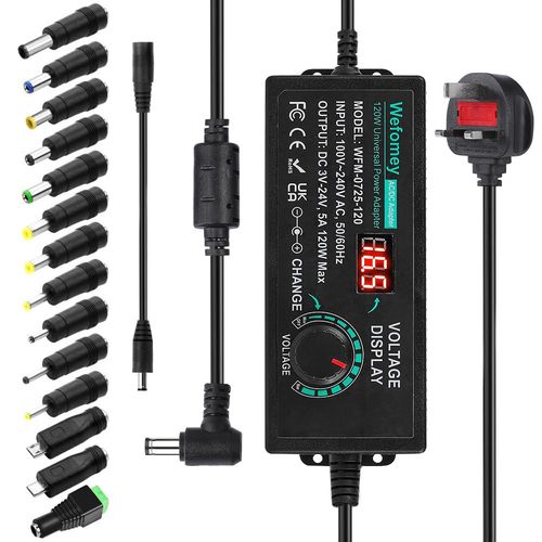 Wefomey Universal Power Supply 3V~24V 5A 120W Adjustable Variable AC/DC Adapter Charger, 100V-240V AC to DC Converter with LED Voltage Display & 14 Tips & Polarity Converter