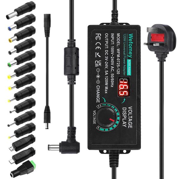 Wefomey Universal Power Supply 3V~24V 5A 120W Adjustable Variable AC/DC Adapter Charger, 100V-240V AC to DC Converter with LED Voltage Display & 14 Tips & Polarity Converter