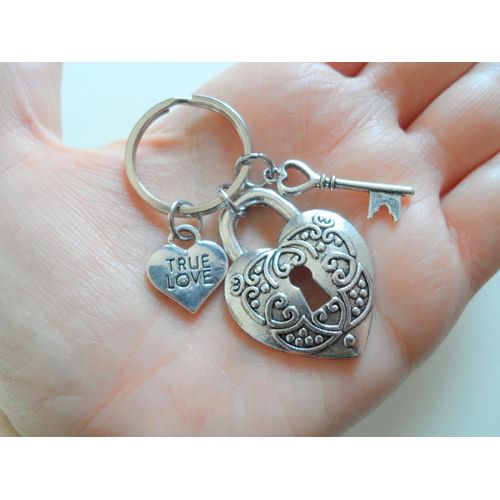 Heart Lock Keychain with Key Charm & True Love Heart Charm, For Couples, Anniversary Keychain