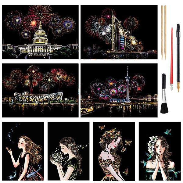 Scratch Art Rainbow Painting Paper(A4), DIY City Crafts Womens Hobbies, Engraving Art for Kids & Adults Scratch Painting Easter & Christmas Birthday Creative Gift Set: 8 Sheets (Fireworks & Girls)