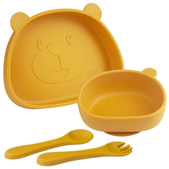 Baby Tableware, Non-Turning Tableware Set, Placemat, Set of 4, Baby Dishware, Suction Cup Included, Dishwasher Safe, Girls, Boys, Silicone, Gift, Baby Shower, Baby Shower, Baby Dishware (Bear, Yellow)