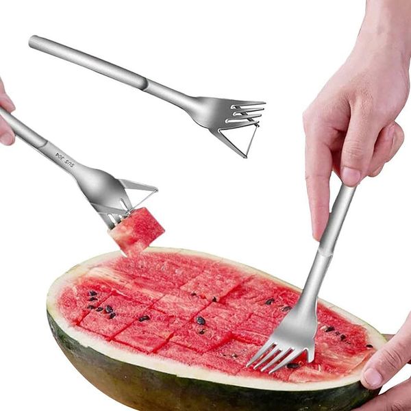 2 in 1 Watermelon Slicer & Cutter-Stainless Steel Fruit Cutting Fork Melon Cube Cutting Tool for Kitchen Gadget