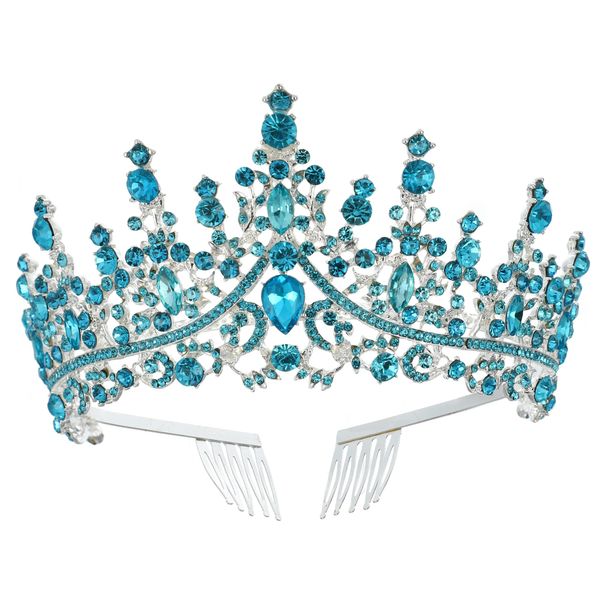 VOCOSTE Lake Blue Tone Crystal Tiara Crown Elegant Princess Crown Combed Tiara Wedding Birthday Costume Hair Accessories for Women 1pcs