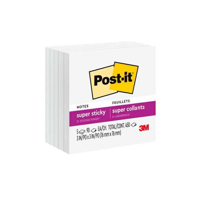 Post-it Super Sticky Notes, 3x3 in, 5 Pads, 2x the Sticking Power, White, Recyclable(654-5SSW)