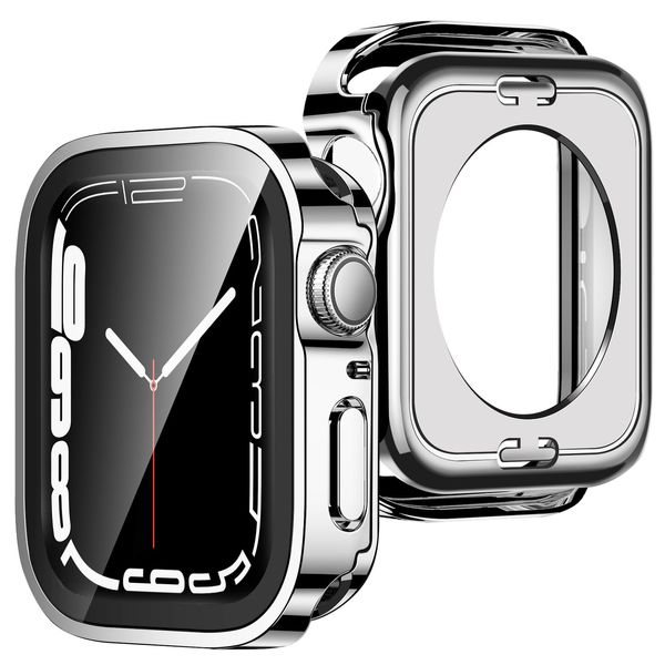 ZZDZZ [2-Pack] 2 in 1 Case Compatible with Apple Watch Series 9 8 7 41mm, Straight Edge Hard PC with Tempered Glass Screen Protector Full Coverage Protective Cover for iWatch 41mm (Silver)