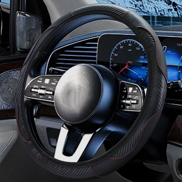 Car Steering Wheel Cover, Universal Size Steering Wheel Cover Fit 37-38cm/14.5-15inch, Anti-slip Carbon Microfiber Steering Wheel Cover, Breathable Car Accessory Steering Wheel Protector Cover, Black