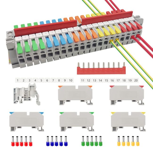 JINXIAN Durchgangsklemmen Hutschiene Kit PT- 6 Reihenklemmen Hutschiene Klemmen mit 20 Stück Klemme für Hutschiene klemme DIN-Schienenanschlussblock klemmleiste Automatisierungsprojekte