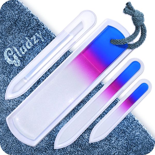 GLADZY Genuine Czech Glass Nail File Set - Callus Remover Foot Rasp, Cuticle Pusher Manicure Stick, Double Sided Etched Different Grit Surface, Professional Nail Care Tool, Made in EU