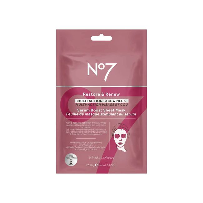 No7 Restore & Renew Multi Action Face & Neck Serum Boost Sheet Mask - Anti Aging Skin & Neck Firming Wrinkle Reducing Mask - Skin Brightening & Hydrating Sheet Mask for Uneven Skin Tone