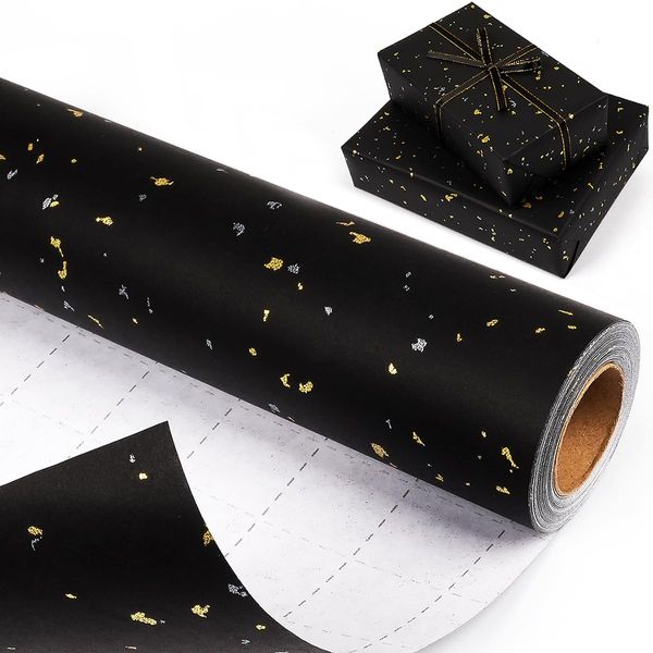 Geschenkpapierrolle, Schwarz und Gold Geschenkpapier Rolle mit matte Goldfolie für Männer Jungen, Schwarz Geschenkpapier Geburtstag Glitzer für Weihnachten, Hochzeit, Geburtstag, Vatertag, 43cm x 10m