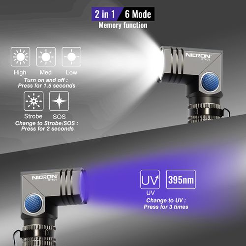 NICRON B74U Blacklight Torch 395nm UV Ultraviolet 90 Degree Adjustable-Head, Pocket Clip, Magnetic Base, 6 Modes Flashlight for Urine Stain Detector