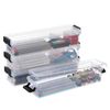BTSKY 4 Pack Clear Storage Containers Pencil Boxes - Multi-functional Home/Office Rectangle Plastic Stationery Cases, Stackable Transparent Utility Organizer, Black Button