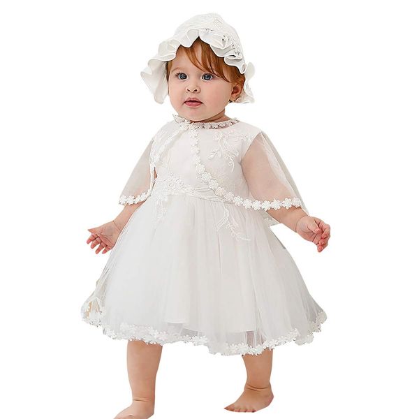 Happy Cherry Dress Princess Floral Baby Toddler Girls Lace Christening Gown Newborn Girls Dress with Bonnet for Girls Baptism Wedding Birthday 6-12 Months White