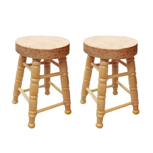 Miniature Counter Stool Dollhouse Furniture 2 PCS/Pack Wood Chair for Crafts Desktop Decor High Stool Mini Scene Ornament Model Round Bar Stool High Simulation Accessory