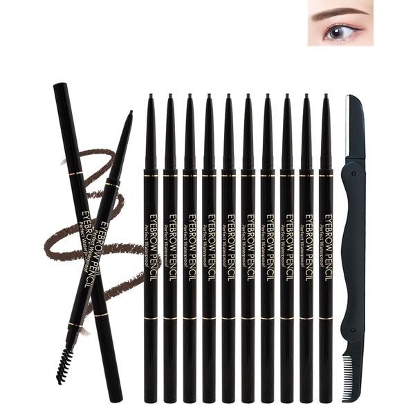 12Pcs Waterproof Dark Brown Eyebrow Pencil Set, Professional Brow Micro Eyebrow Retractable Pencil, Ultra Fine Long Lasting for Perfect Eye Liner Brows Eye Makeup Shaping & Filling Brow Gel Pen- 05