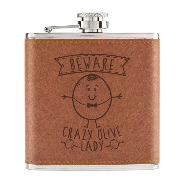 Beware Crazy Olive Lady 6oz PU Leather Hip Flask Tan