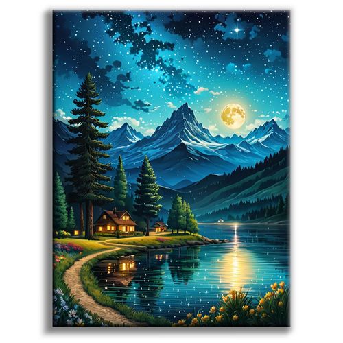 Offito Mountains Moon Lake Diamond Art Kits for Adults, Lakeside Villages Diamond Painting Kits for Beginners, Starry Sky Landscape DIY Full Drill Dots Gem Art Paint for Home Wall Decor 12 x 16 Inch