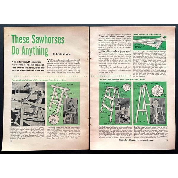 “These Sawhorses Do Anything” 1953 HowTo Build PLANS Folding~Adjustable~Scaffold