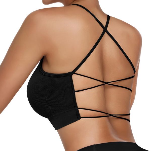 Vertvie Damen Sport BH Gepolstert Crossback Yoga Sports Bra Spaghettiträger Rücken Verkreuzt Gerippt Bustier Ohne Bügel Atmungsaktiv BH mit Abnehmbaren Cups(1pc: Schwarz,XS)