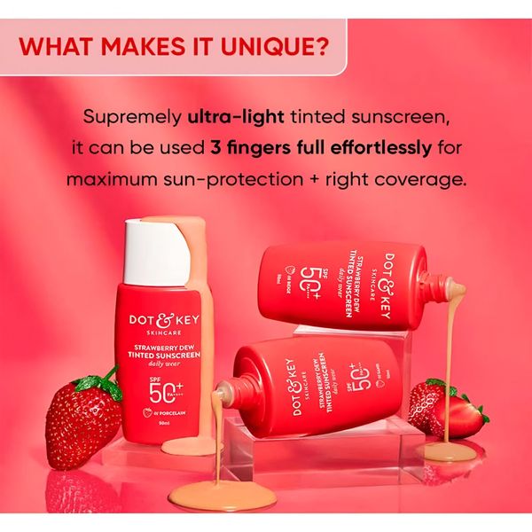 Dot & Key Strawberry Dew Tinted Sunscreen SPF 50 PA with Niacinamide & Hyaluronic Acid, available in Sand Medium (03) shade, 50ml for sun protection and hydration.