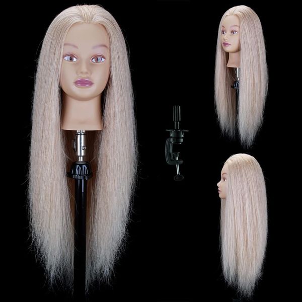 HAIRWAY Female Mannequin Head 100% Human Hair 24 Inch Manikin Training Doll Head Styling Braids for Practicing Cosmetology Hairdresser Barber with Stand Table Clamp (Blonde)