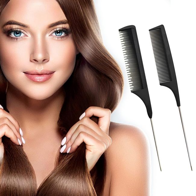 Luvadeyo 2 Stück Kit Haarkamm, Professioneller Nadelstielkamm Friseur Kamm Schneidkamm Stahlspitze Schwanzkamm Schwarz Kamm Set für Haarstyling Salon