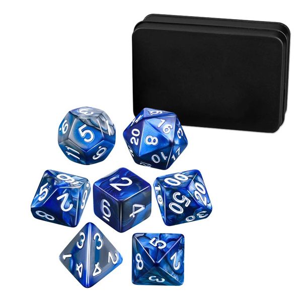 HonesThing trpg 7 Dice Polyhedral Dice with Iron Box for Storage, Suitable for Cthulhu Mythology, TRPG Card Games, Education, Education and More (Blue, Silver)