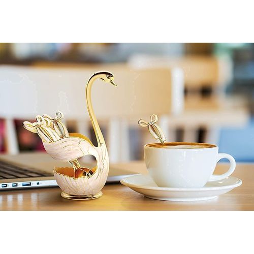 Flylin Coffee Dessert Spoon Set Metal Swan Base Holder Spoon Organizer with 6pcs Ice Cream Spoons Teaspoons Coffee Dessert Flatware (Gold)