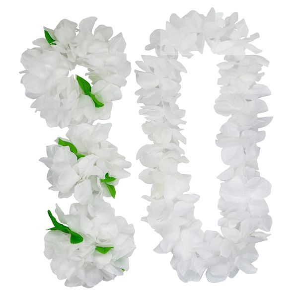 4 Pcs White Hawaiian Leis with Green Leaves for Graduation Party, Dance Party, Photo Prop in Outdoors (White-02)