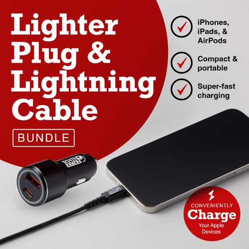 rhinocables MFi-Certified Lightning Cable with USB A/USB C Dual Port Lighter Socket Car Charger Plug - Car Charger for All Lightning-Compatible Devices, 1m (More Lengths Available)