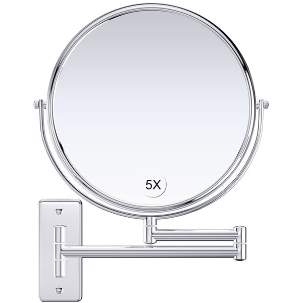 Gospire 9" Large Size Wall Mount Makeup Mirror with 5X Magnification Double-Sided Swivel Mirror，Polished Chrome Finished Shaving Bathroom Wall Mirror for Men and Women (9 Inch-5X, Chrome Mirror)