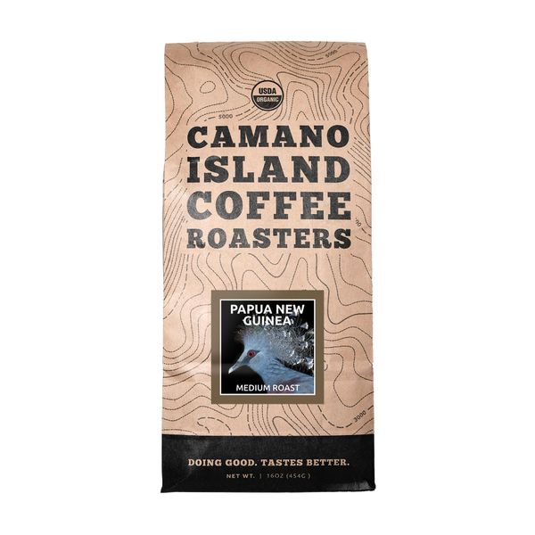 Camano Island Coffee Roasters Papua New Guinea Ground 1lb, Fresh Medium Roast, USDA Organic, Fairly Traded, Shade Grown Top 1% Arabica, Delicious Cocoa, Dried Fruit, Brown Sugar Flavor Profile