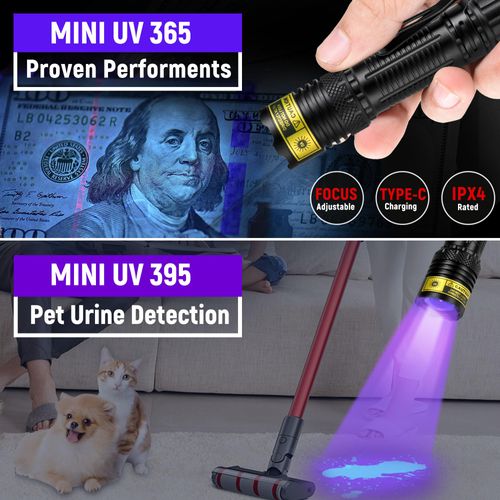DARKDAWN UV Flashlight 365&395nm Black Light Mini USB Rechargeable Ultraviolet LED Blacklight Woods Lamp Powerful Fluorescent Portable Detector for Pet Urine Stains, Money, Resin Curing（2 Pack）