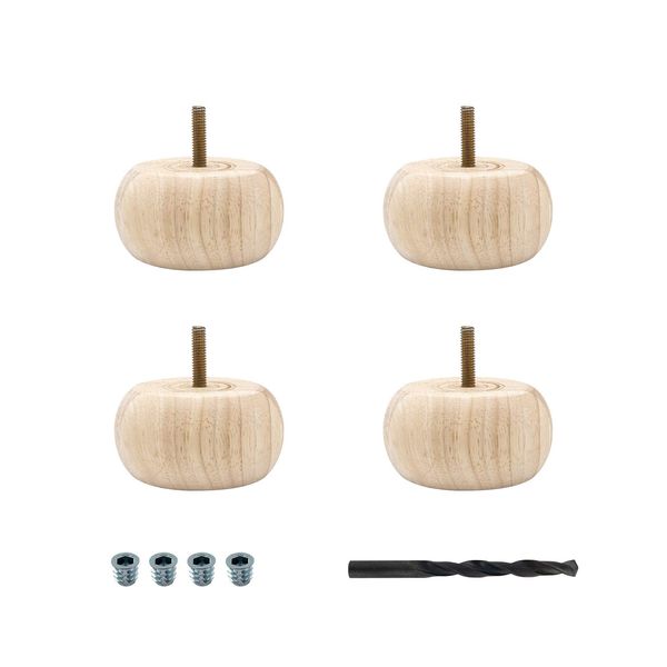 Architectural Products by Outwater BUN32-UN 1-7/8 in. x 3-5/8 in. Unfinished Solid Hardwood Round Bun Foot 4 Pack with 4 Free Insert Nuts and Drill Bit