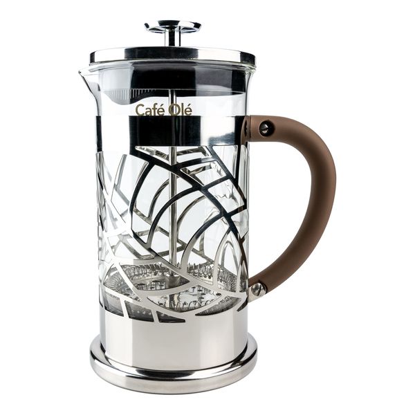 Café Olé BM-03C Floral Cafetière, 350ml 1 Cup 18/10 Stainless Steel French Press Coffee Maker, Silver