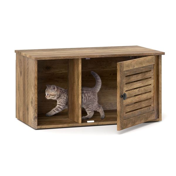 Cat Litter Box Enclosure w/ Winding Entry Louvered Door Wooden Pet Side Table