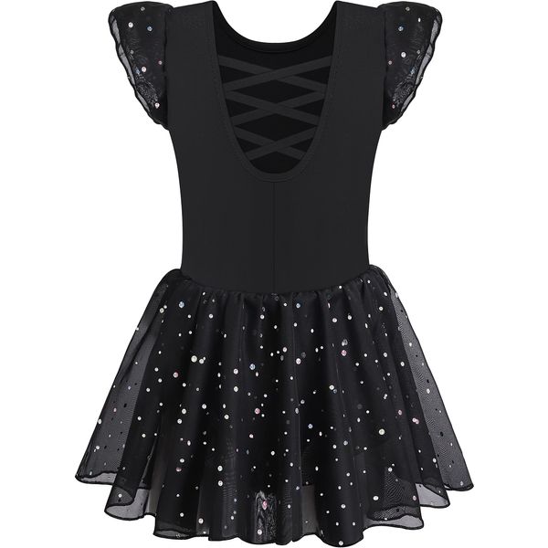 MOLLDAN Girls Dance Leotards for Ballet Dress Shiny Skirt Ruffle Sleeve Crisscross Back(QT4043-06-M) Black