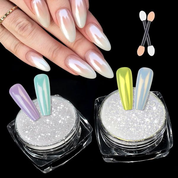 LEDSUUEI 2 PCS Chrome Nail Powder【Super Pearl Effect】Neon Glassy Pearl Effect Nagelpuder für Nägel, Glazed Donut Glitzerpuder Cromepulver Nägel für DIY Salon Nail Art