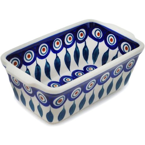 Authentic Polish Pottery Mini loaf pan in Peacock Design Handmade in Bolesławiec Poland + Certificate of Authenticity