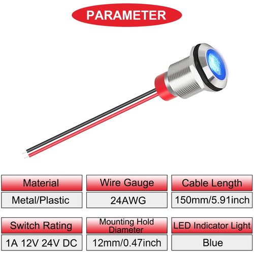 MKBKLLJY 6Pcs 12mm DC 12-24V 1A Blue LED Metal Indicator Light Waterproof Signal Lamp Pilot Dash Directional with 150mm Cable Length and Wiring Cap for Car Interior Trucks Boats Engine taillight
