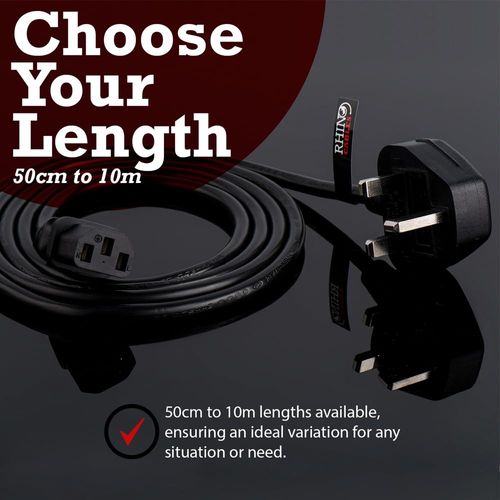 rhinocables IEC C13 Extension Cord Power Cable Lead with UK Pin Plug 13 amp, Single Socket for Monitor, Kettle, PC, Computer Mains Power Supply, Black (50cm)