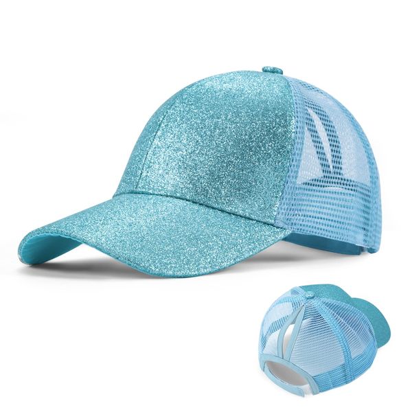 Mädchen Basecap Kinder Glitzer Baseball Cap Pferdeschwanz Hüte Glänzende Verstellbare Sonnenhut Kleine Mädchen Sommer Baseballkappe für 3-8 Jahre alt Himmelblau