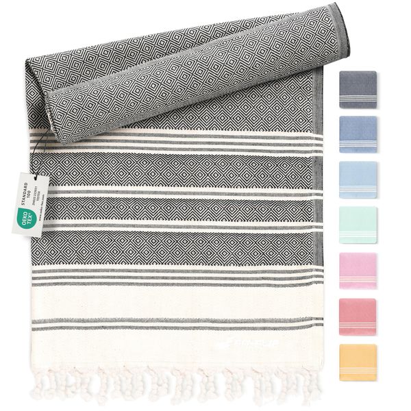 Hammam towel - Beach towel XXL made from 100% recycled cotton - Quick-drying Turkish hammam beach towels, fouta, pestemal Turkish towels ideal as a Turkish blanket – Anthracite – 100x200cm Diamond